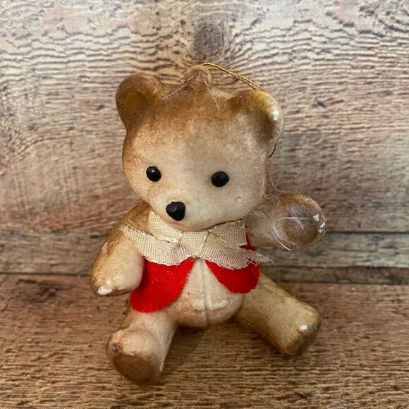 Vintage 1960’s Flocked Teddy Bear Christmas Ornaments-set Of 2 Red Felt/Bow Ties - Picture 2 of 10